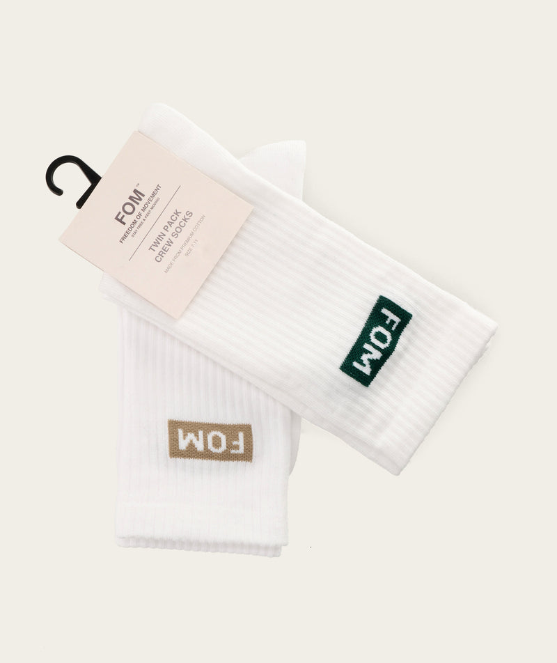Socks Crew Twin Pack - White/ Forest Green & Dark Sand FOM (Size 7-11)